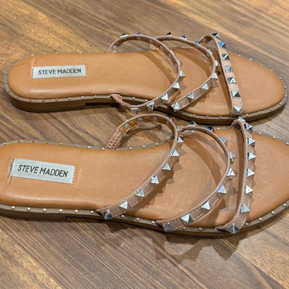 Steve Madden Light Brown Rhinestone Strappy Flat Sandals – Women’s 10 - Picture 3 of 5